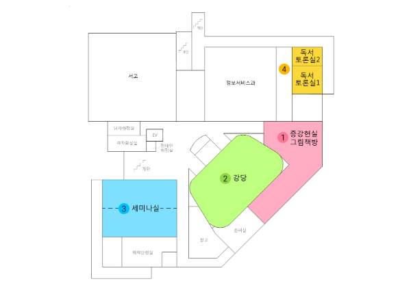 위치도 – 4층 단면도입니다. 독서토론실1, 독서토론실2, 세미나실, 강당, 정보서비스과, 서고, 준비실, 창고, 체력단련실, 복도형 체험공간, 계단, 여자화장실, 남자화장실, 엘리베이터, 비상계단이 있습니다. 세미나실은 강당 옆에 위치합니다